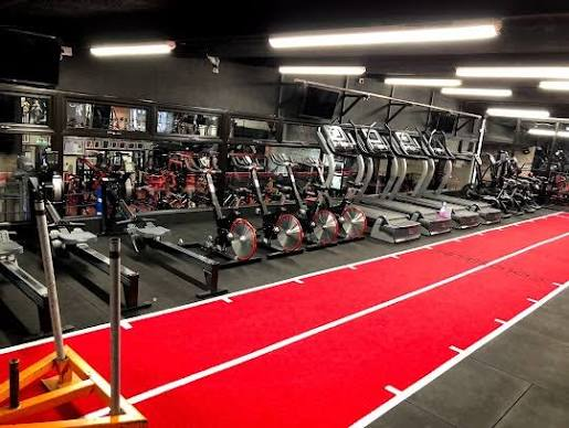 Cardio floor at Colosseum Gym with rowers, treadmills and a red sprint track