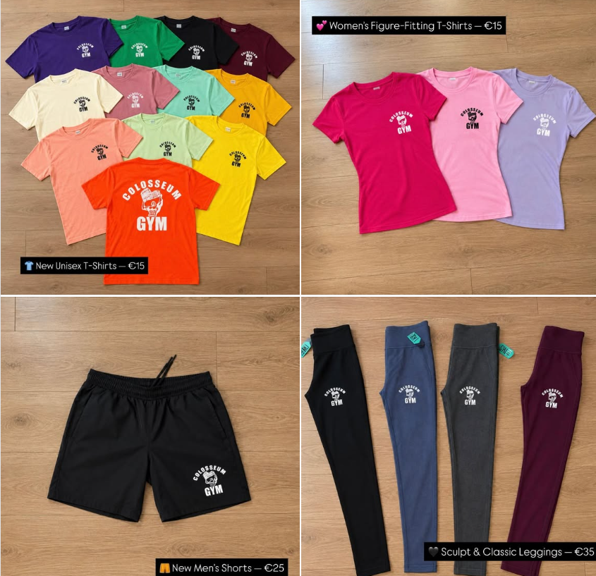 Colosseum Gym apparel drop: unisex t-shirts, women's figure-fitting t-shirts, men's shorts and leggings