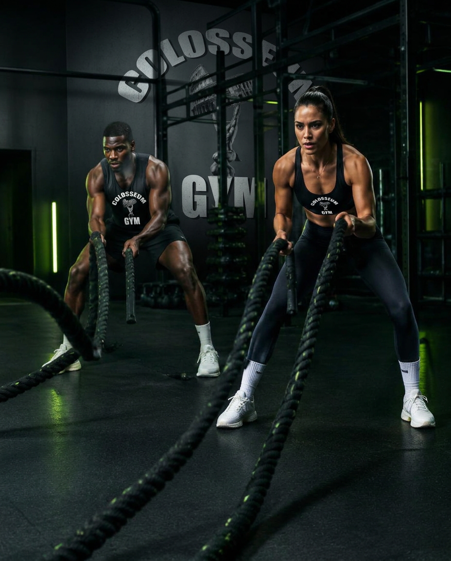 Two athletes performing battle rope conditioning