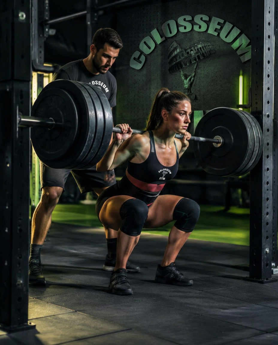 Athlete performing a barbell back squat with a spotter