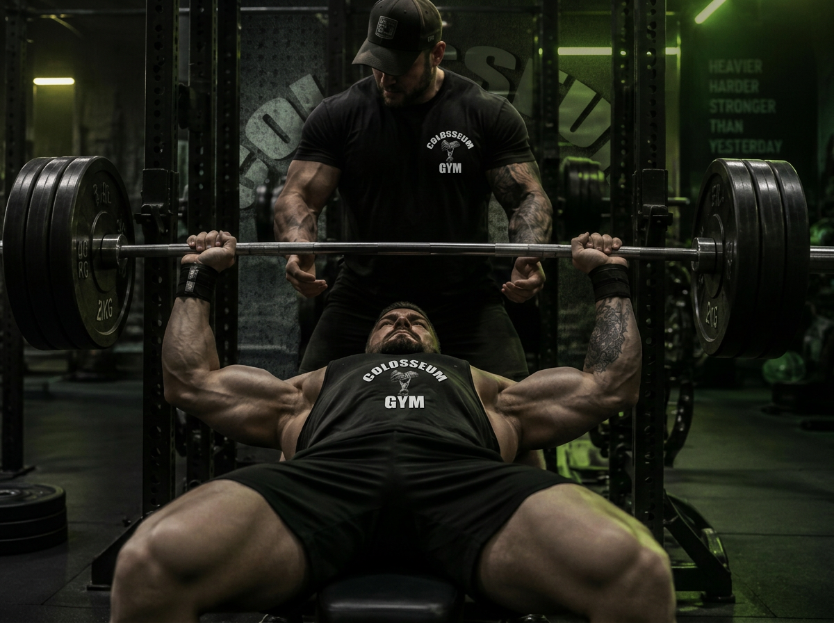 Lifter pressing a loaded barbell on the bench with a spotter standing by
