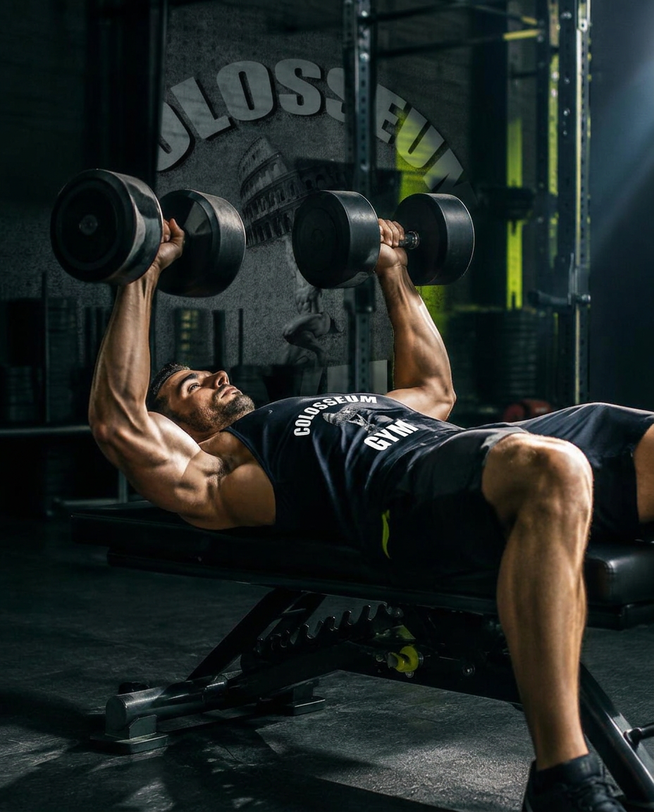 Athlete performing a controlled dumbbell bench press